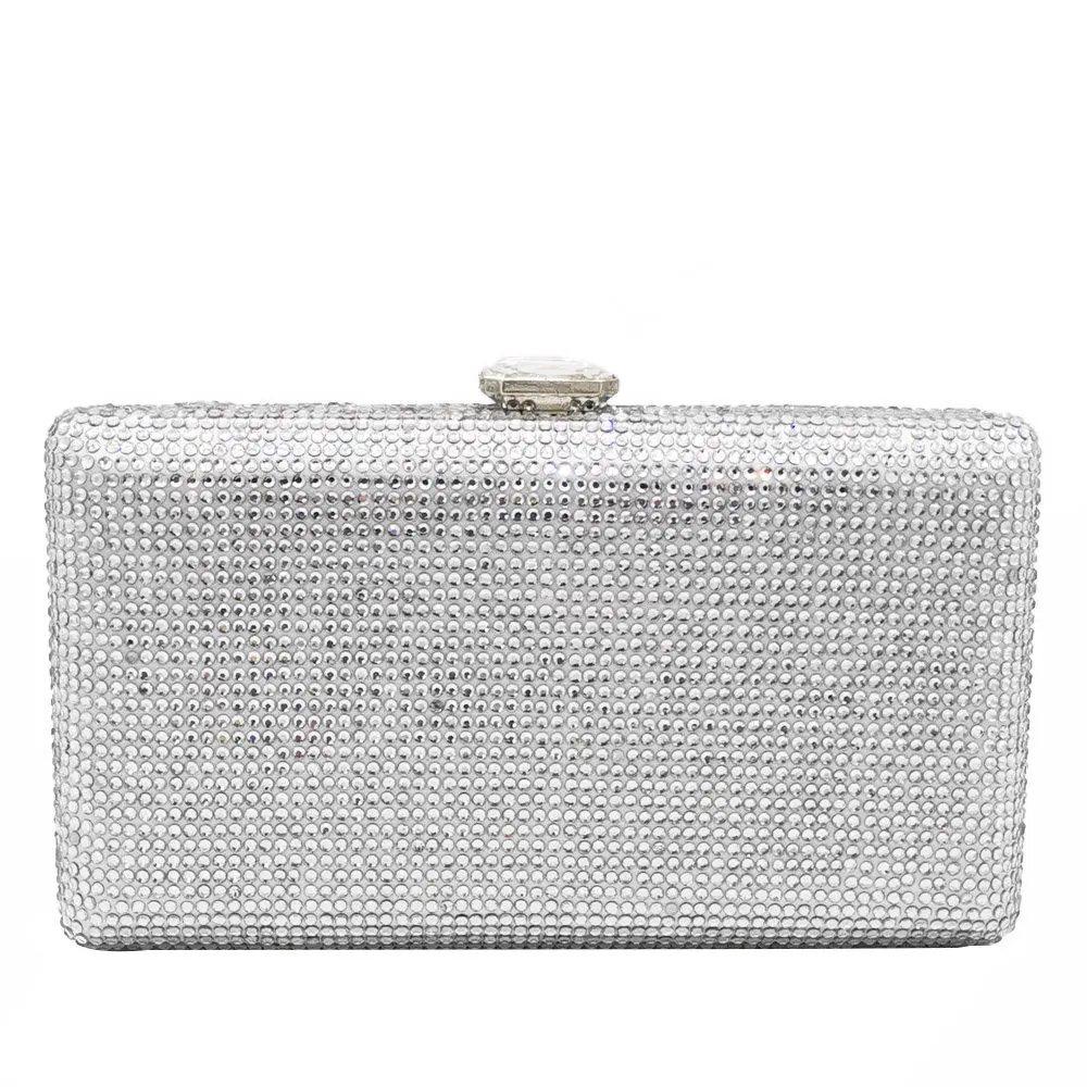 

Double Flower Elegant Women Silver Crystal Evening Bags Bridal Rhinestones Box Clutch Wedding Party Purses and Handbags