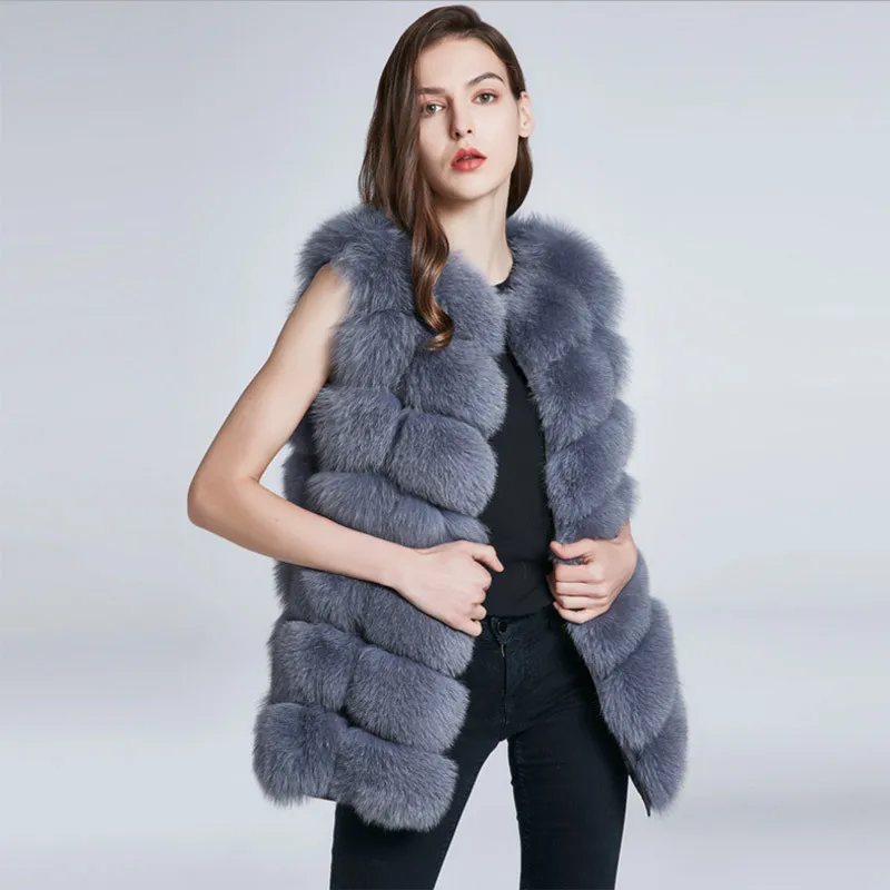 

Real Fur vest gilet waistcoat Winter Women's long Waterproof fox Fur coat tailored thick Warm 2019 grey free ship fashiondavid