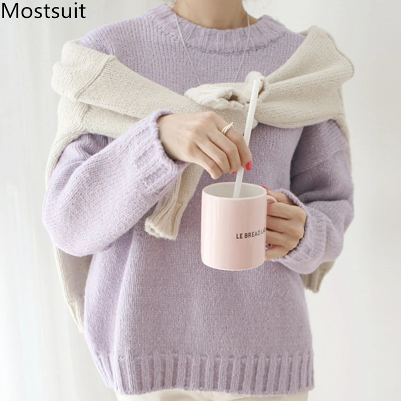Осень-зима 2019, повседневный вязаный пуловер, свитер для женщин, длинный рукав, круглый вырез, Модные свободные женские корейские топы