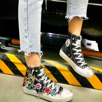 

Black Punk Platform Sneakers Women Custom Rhinestones Sneaker Canvas High Top Shoes 2020 Ladies Trainers Flat Casual Shoes Woman