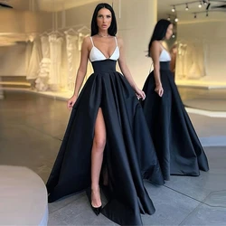 Black and White Sexy Satin Side Slit Prom Gowns Sleeveless Spaghetti Strap V-neck Evening Dresses Custom Made New Robe De Soiree