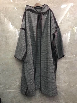 

2020 Early Autumn New Women's Neckline Hooded Lace-up Decorative Wool Plaid Long Sleeve and Long Type Coat 814