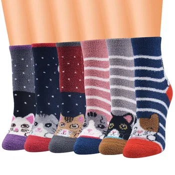 

6 Pairs Colorful Painting Socks Cool Casual Funny Socks Women Coral Fleece Cat Print Thicker Anti-slip Floor Socks Carpet #3