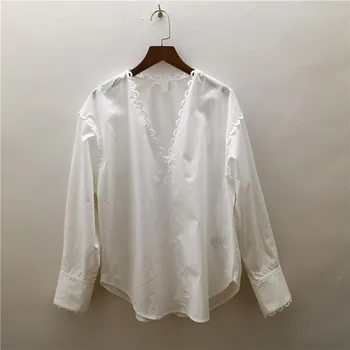 

Women's White Blouse Sweet V-neck Wave Design Petal Sleeve Ladies Shirt Casual Early Autumn