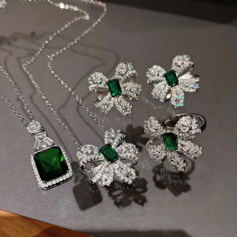 Luxury CZ Emerald Stone Earrings Silver Color Jewelry Sets for Women Fashion Bling Bowknot Flowers Rings Necklace | Украшения и