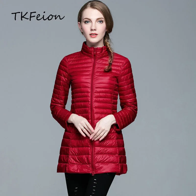 

Female Long Jacket Light Thin 2019 Autumn Winter Ladies Slim Warm Coat Duck Down Filler Stand Collar Womens Soild Striped Jacket