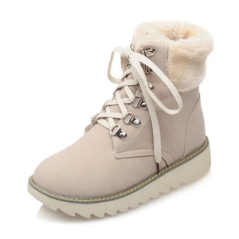 Coolcept теплые зимние ботинки женские ботильоны женская уличная обувь на плоской подошве с плюшевой подкладкой, на шнуровке, с круглым носком, размер 33-43 - Цвет: beige