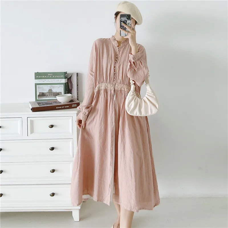 Johnature 2020 New Vintage Linen Embroidery Long