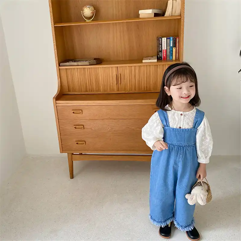 女の子春21房のデニムオーバーオール子供固体カジュアルすべてマッチルースワイド脚よだれかけパンツ Overalls Aliexpress