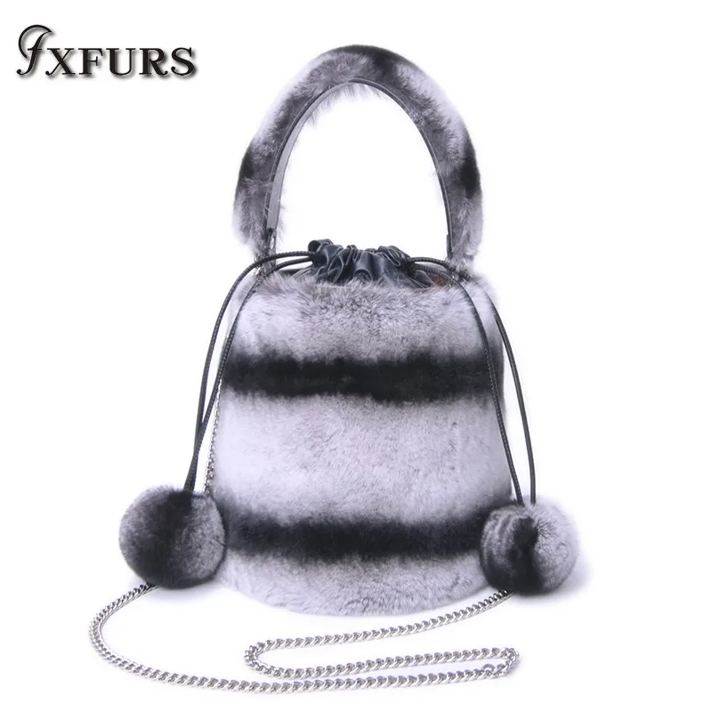 2020 New Style Real Rex Rabbit Fur Handbags Ball Chain Bucket Bag Hand b/l Shoulder Slant Female Tide Winter Warm | Багаж и сумки