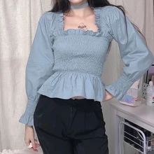 Best Offers 2020 Korean Popular Temperament Lotus Leaf Long Sleeve T-shirt Office Lady Full Ruffles Blue Puff Sleeve T Shirt for Women Best Offers 2020 Korean Popular Temperament Lotus Leaf Long Sleeve T-shirt Office Lady Full Ruffles Blue Puff Sleeve T Shirt for Women