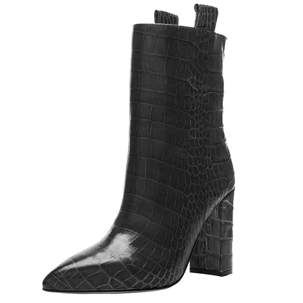 HARAVAL/Элегантные женские ботильоны из высококачественной искусственной кожи; пикантная обувь с острым носком на высоком квадратном каблуке; однотонные женские классические модные ботинки - Цвет: Black
