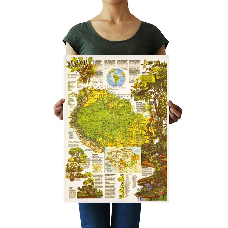 

[A1142] Amazon Torrid Zone Rainforest Map Nostalgic Retro Kraftpaper Poster Bar Cafe Painting