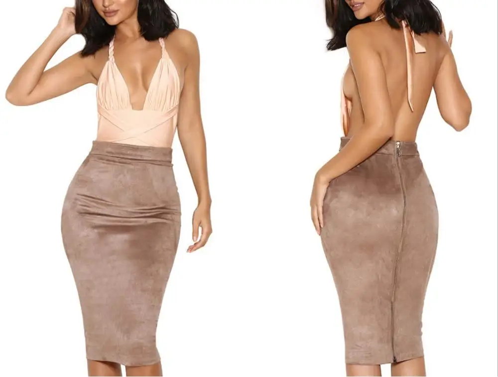 Fall winter bodycon midi pencil skirts women high waist zip down vintage elegant knee length suede black sexy skirts female 4 colors