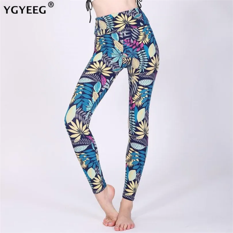 YGYEEG новые модные женские леггинсы с принтом тропических листьев голубые леггинсы сексуальные тонкие леггинсы с высокой талией Стрейчевые брюки