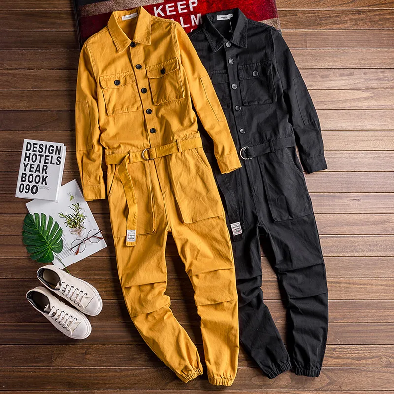 Kombinezon męski klapa z długim rękawem multi-pocket do kostek Beam Feet kombinezony moda Streetwear spodnie Cargo spodnie Cargo