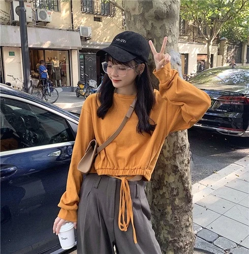 Solid Short Design Casual Loose Basic All Match Long Seleve O-neck 2019 Hot Sale Fashion Female Women Sweatshirt |