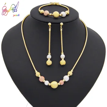 

Yulaili New African Statement Jewellery Three Tone Round Necklace Dangle Earrings Bracelet Dubai Gold Jewelry Sets for Women