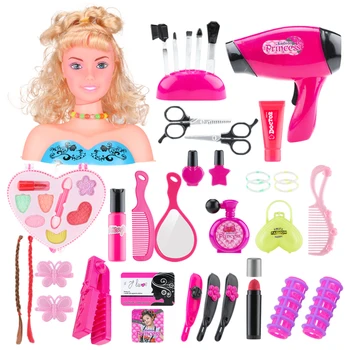 

36Pcs Children Makeup Pretend Playset Styling Head Doll Hairstyle Toy With Hair Dryer For Children Educational Toys Gift-3811A-1