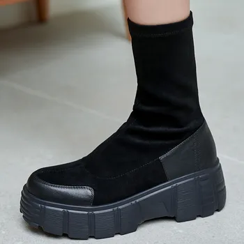 

Women's genuine leather stretch flock patchwork slip-on platform flats ankle boots thick sole punk autumn slim short boots shoes