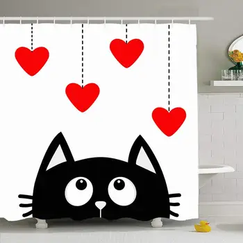 

Shower Curtain Set with Hooks 72x72 Black Looking Up Design Happy Hanging Red Hearts Greeting Animals Wildlife Set Cute Objects