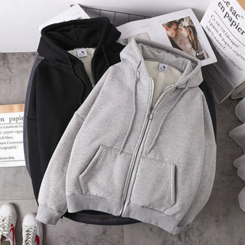 

Jacket Women Solid Color Hoodies 2020 Autumn Winter Imitation lamb Wool Korean Loose Plus Velvet Thick Zipper sweatshirt tops