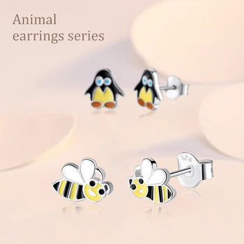 

100% 925 Sterling Silver Stud Earrings for Girl Enamel Honey Bee Dog Ladybug Animals Earrings for Kids Women Christmas Jewelry