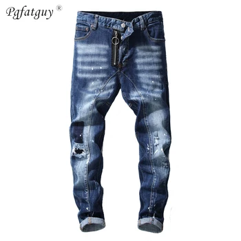 

Men's Patchwork Slim Biker Jeans Autumn and Winter New Tattered Splash Paint Splicing Hole Jeans Small Straight Beggar Pants