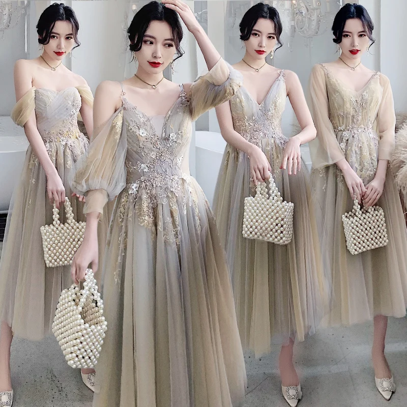 Bridesmaids Dresses Beading Embroidery Sequined Pearls Appliques Ball Gown Simple Ankle-Length Women Wedding Party Dresses E032