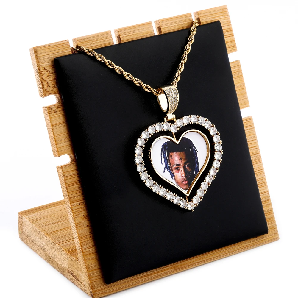 TOPGRILLZ Heart Shaped Custom Photo Spin Double Sided Medallion Pendant Necklace With 4mm Tennis Chain Zircon Hip Hop Jewelry