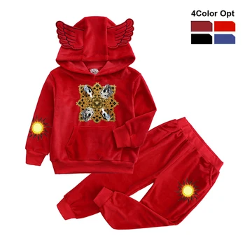

Boys Girls Tracksuit Toddler Kids Baby Wings Hood Hoodie Sweat Coat Sport Pants Trousers Children Stripes Sets Velvet Sun