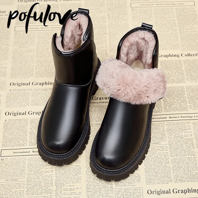 

Pofulove Women Snow Boots Winter Shoes Leather Ankle Booties Plush Warm Platform Chunky Boots with Fur Goth Punk Black Botas