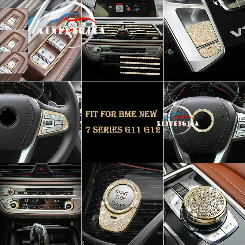 

Fit For BMW 7 Series G11 G12 2016-2019 Gold Crystal Air Outlet Strip/Electronic Handbrake EPB/Steering Wheel Buttons Cover Trim