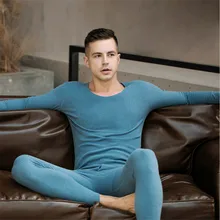 Мужских бесшовных теплых костюмов нижнего белья двухсторонняя немецкая вельвет с v-образным вырезом Длинная рубашка и брюки