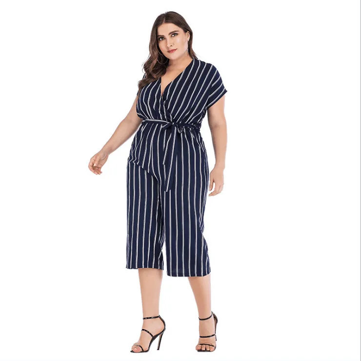 AliExpress Ebay2019 Hot Selling Short Sleeve V-neck Stripes Onesie Cross Border Large Size Lace-up Casual Onesie