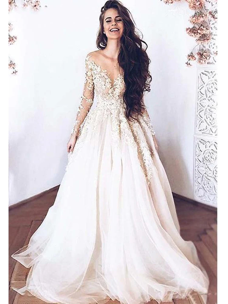 vestido de noiva 2020 Luxury Lace Appliques Wedding Dresses Long Sleeves Bride Wedding Gown A Line Tulle Bridal Wedding Dress (2)