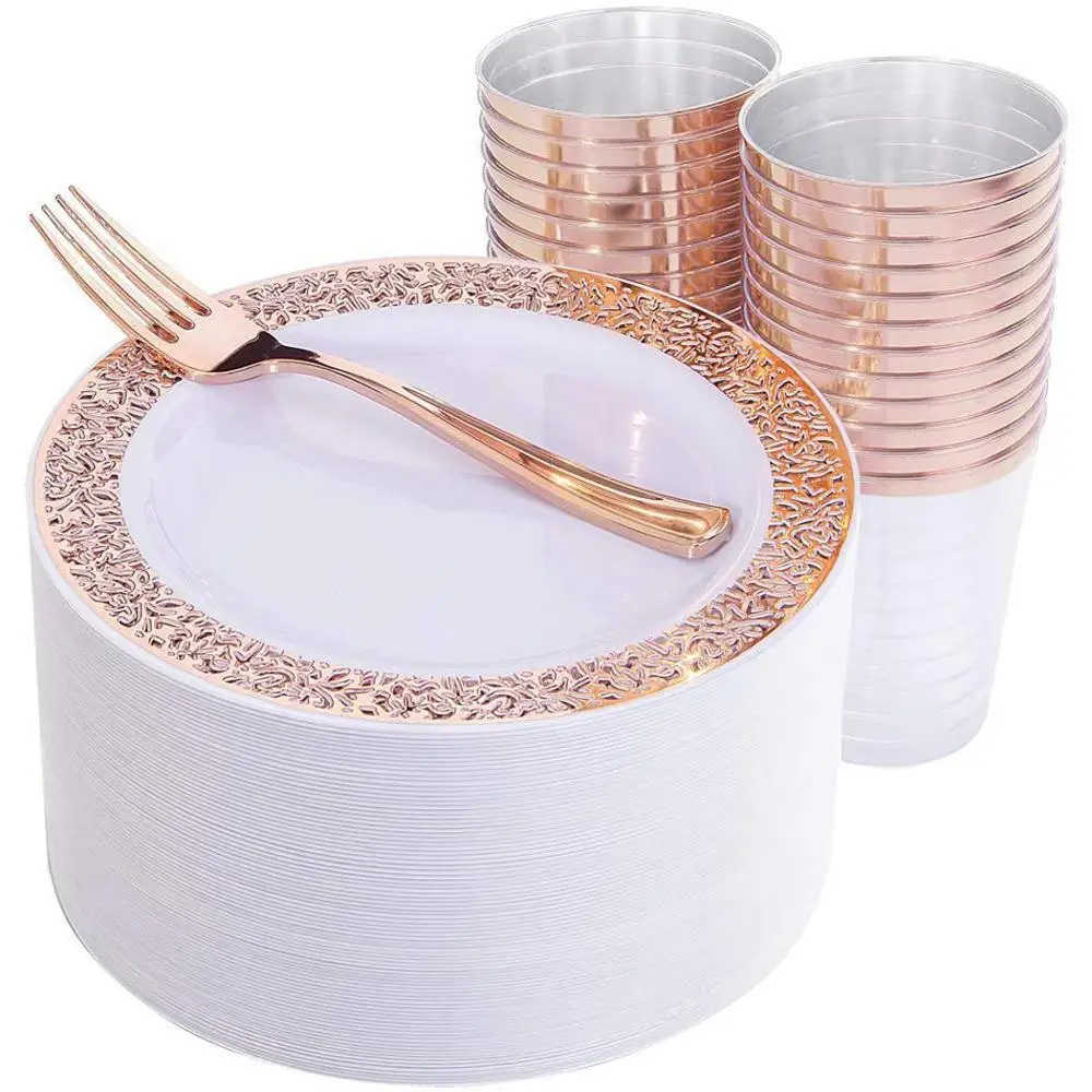 10.25 inch 3 Pcs Прочные полые одноразовые тарелки для свадебной вечеринки, 3 шт., столовые приборы, золото, розовое золото, серебро, 6 шт., вечерние принадлежности - Цвет: 10.25 inch 3 Pcs