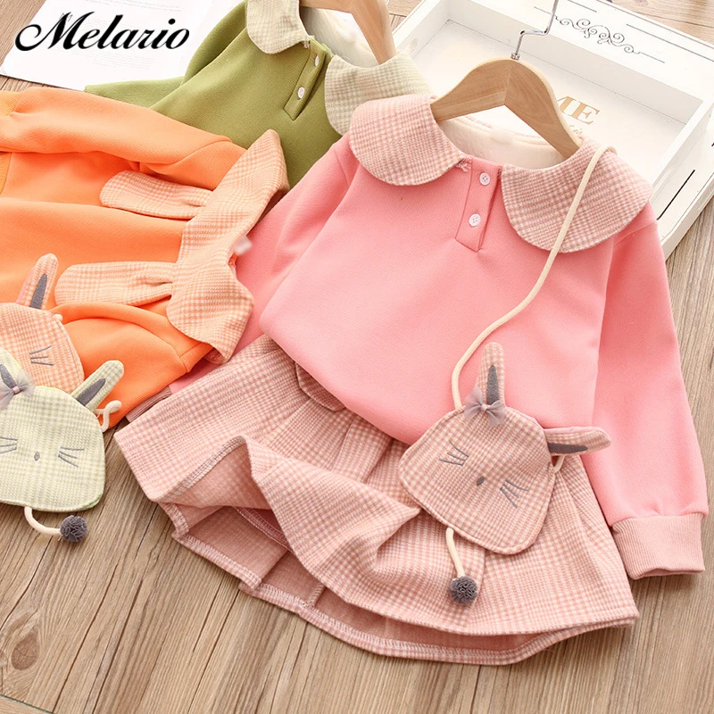 

Melario Cute Girl Clothing Set Casual Plaid Printing Sweatshirt Skirts Suit with Bag 3pcs Autumn Kids Sets Children Clothes Suit