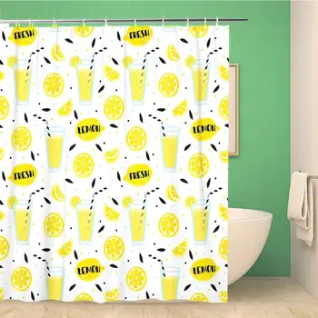 

Bathroom Shower Curtain Lemonade Yellow Lemons and Glass Drinking Straw Sipper Bendie Polyester Fabric 66x72 inches Waterproof