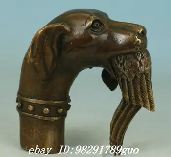 

China Old Bronze Hand Carved Dog Bitten Birds Statue Cane Walking Stick Collect