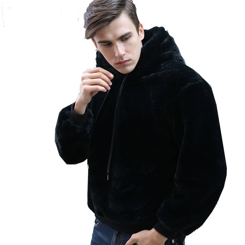 Black fur hoodie mens Clearance