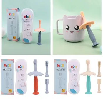 

Infant Baby Food Grade Silicone Toothbrush Set with 3 Soft Replacement Head Cartoon Flower Sucker Handle Milk Tooth Brush 0-1T