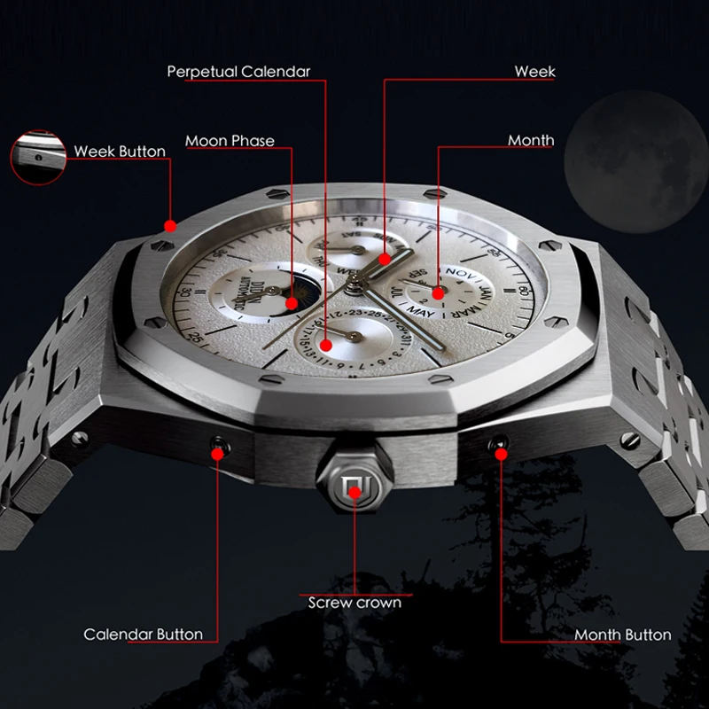 Многофункциональные Мужские автоматические механические часы с календарем, дисплеем недели, месяца, часы для деловых мужчин, светящиеся часы с фазой Луны 30 м