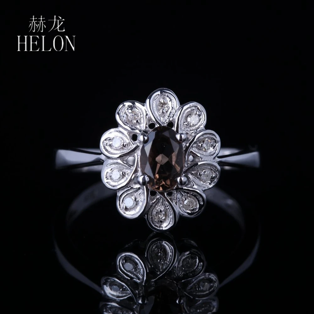 

HELON Sterling Silver 925 Flawless Oval 6x4mm Genuine Smokey Quartz Diamond Fine Jewelry Engagement Wedding Women Ring