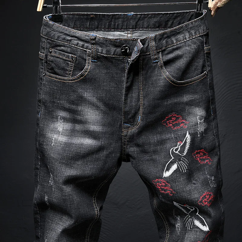 Мужские обтягивающие джинсы в стиле хип-хоп с вышивкой Белого Журавля, модная уличная одежда, мужские Стрейчевые Узкие повседневные джоггеры, джинсовые брюки