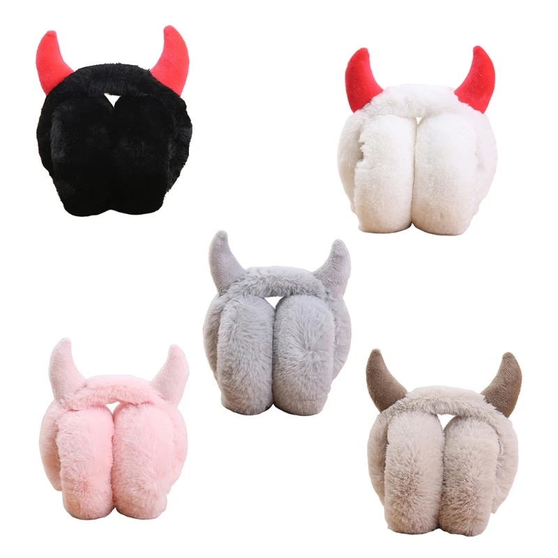 Women Soft Plush Earmuff with Horns Girls Cute Winter Adjustable Ear Muffs Female Foldable Outdoor Cycling Ski Ear Warmers warm earmuffs fur earmuffs
