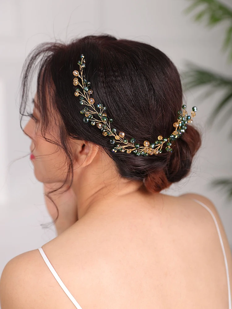 Bridal Headwear tiaras Wedding Bohemian Hair comb Green Headpiece Handmade Bride to be head jewelry Crystal Headbands for women