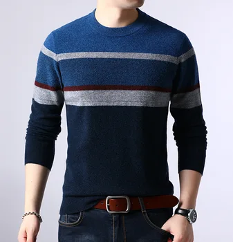 

E 100% pure wool men's sweater round neck striped pullover sweater men's autumn winter 2020 new men's sweater bottoming shirt