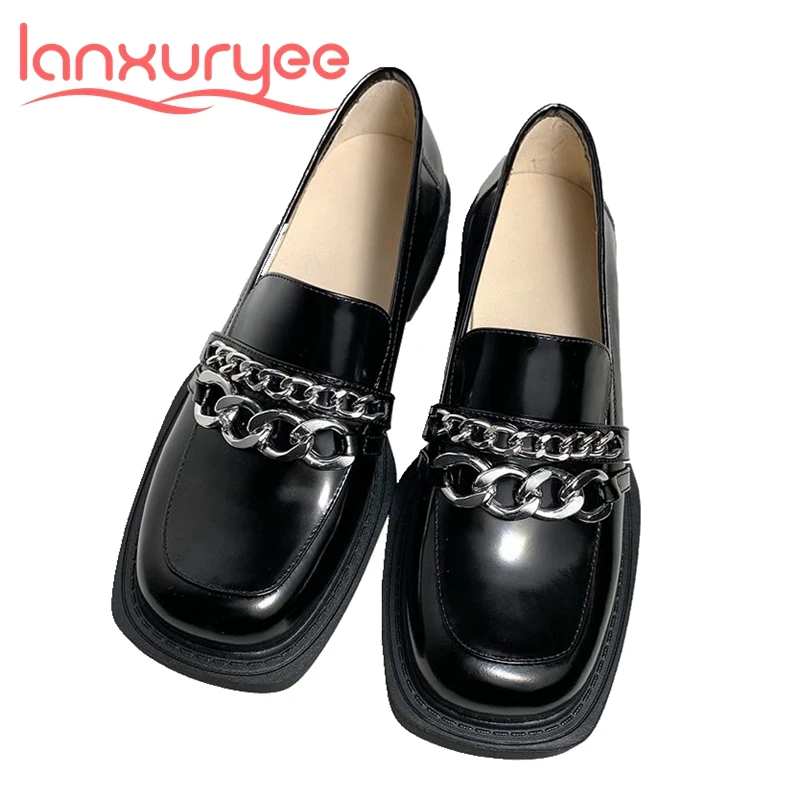 

Lanxuryee spring novelty loafer full grain leather square toe street style thick bottom med heels metal chains women pumps l18