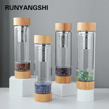 Natural Quartz Gemstone Glass Water Bottle Bamboo Direct Drinking Cup Glass Crystal gravel Healing Stone Bottle for gift